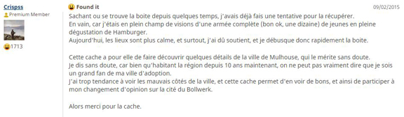 Témoignage d'un géocacheur concernant une de mes caches de Mulhouse