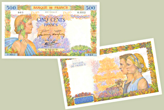 1940 500 FR Recto Femme symbolisant la Paix Verso Couple symbolisant l'Agriculture et la Jeunesse 